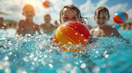 happy family in swimming pool throwing a beach ball to each other sunny day, lots of kids in water, - obrazy, fototapety, plakaty