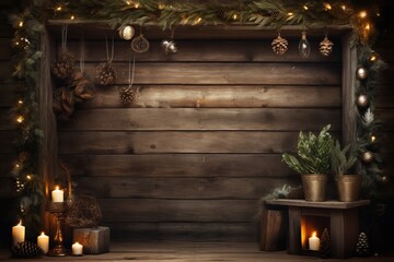 Rustic and cozy holiday decorations framing a warm copy space