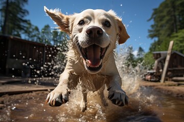 Labrador jumps in the water, a happy and active dog.