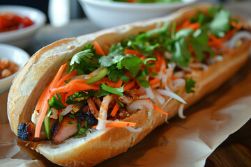 Delicious food, fresh Vietnamese banh mi sandwich at a restaurant, tasty dish