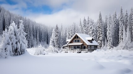 Serene mountain cabin surrounded by a blanket of snow