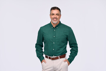 Confident elegant middle aged business man entrepreneur, smiling older professional executive,...