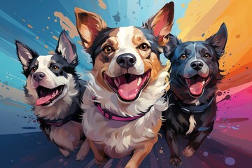 Three happy dogs on a colored background - obrazy, fototapety, plakaty