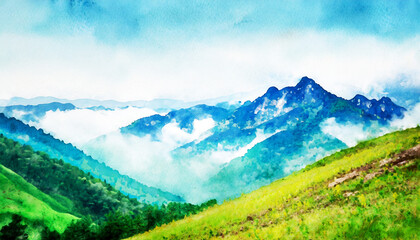 Abstract Mountain range landscape on watercolor painting on digital art concept, Generative AI.