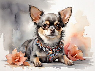 chihuahua puppy sitting with flower