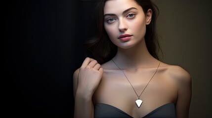 a beautiful young woman wearing a shiny diamond pendant in close-up, to highlight the beauty of both the woman and the jewelry, creating a visually appealing scene.