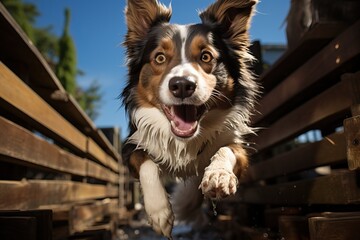 Border collie jumping in the air, happy dog on a walk.