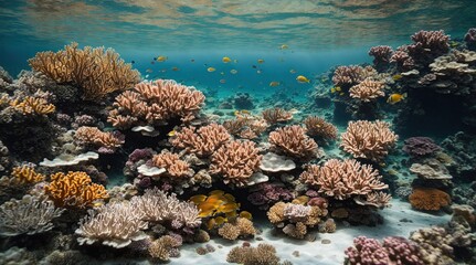 Naklejka na ściany i meble the bright world of coral reefs, where exotic fish and colorful corals dance in the calm waters