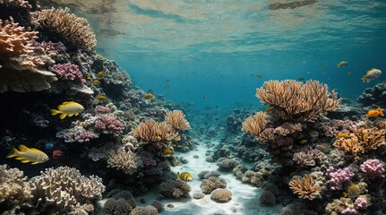 Naklejka na ściany i meble the vibrant world of coral reefs, where colorful corals and exotic fishes dance in the crystal clear waters