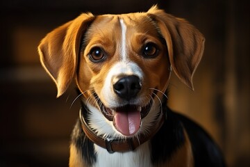 Portrait of a beagle on an orange background.