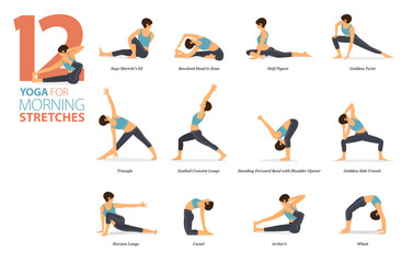 12 Yoga poses or asana posture for workout in morning stretches concept. Women exercising for body stretching. Fitness infographic. Flat cartoon. - obrazy, fototapety, plakaty