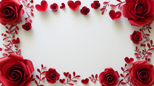 Red Roses and Hearts on White Background, Simple and Elegant Romantic Decor
