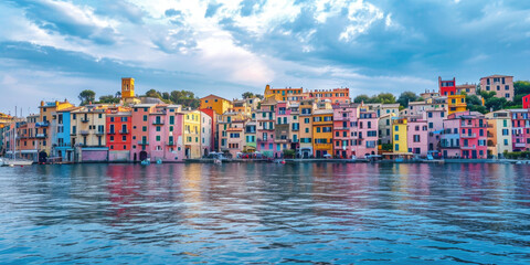 Colorful Waterfront Buildings at Dusk in a Quaint Village