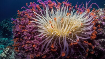 A magnificent sea anemone blooms in all of its beauty deep under the water, its tentacles swinging in an enthralling display of vibrant colors and complex patterns, a real masterpiece of the diverse