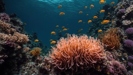 Naklejka na ściany i meble Deep within the ocean, a stunning sea anemone blossoms in all of its splendor, its tentacles swaying in a captivating display of vivid hues and intricate patterns, a true masterpiece of the varied