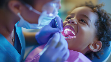 A child on a dentist appointment getting the mouth check for healthy teeth