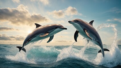 Stunning portrayal of majestic dolphins soaring through the skies, their playful antics captured to bring their joyous essence to life