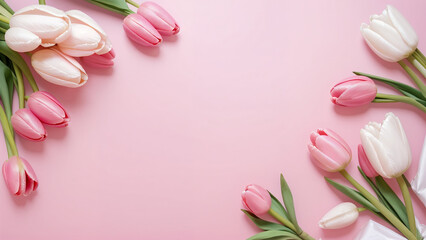 tulips on pink background - obrazy, fototapety, plakaty
