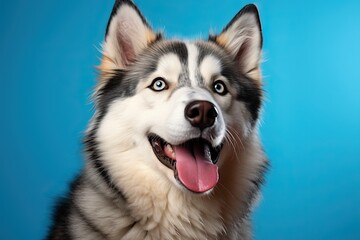 Portrait of a husky with an open mouth on a blue background.