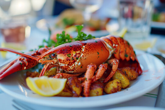 Delicious lobster on a plate at a restaurant, culinary experience, food and dinner 