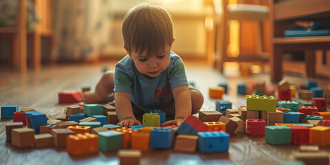 Child Engaged in Play with Multicolored Toy Blocks