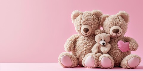 Cute teddy bears on a soft pink background, family, love, tender feelings, background, wallpaper.