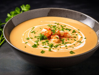 A mouthwatering lobster bisque with a creamy texture, topped with a delectable garnish.