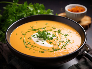 A deliciously appetizing bowl of lobster bisque, adorned with a steamy creamy texture, visually satisfying.