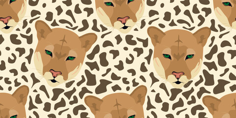Puma concolor seamless pattern. Muzzle of cougar with spots repeat texture. Wildlife concept. Beautiful animal background for fabric, textile, print, wallpaper. Flat colored vector illustration