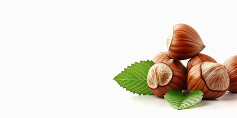 Stack of Hazelnuts with Green Leaves on White Background