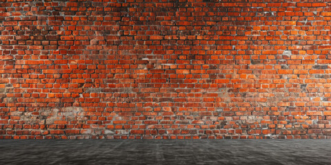 Wide-Angle View of Aged Red Brick Wall with Varying Tones and Textures