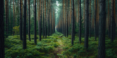 Naklejka premium Misty Forest Corridor with Parallel Trees and Soft Green Underbrush
