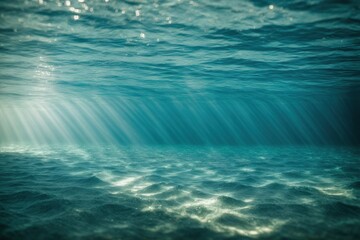 Amazing light beams with an underwater backdrop of a deep blue sea on a sandy bottom