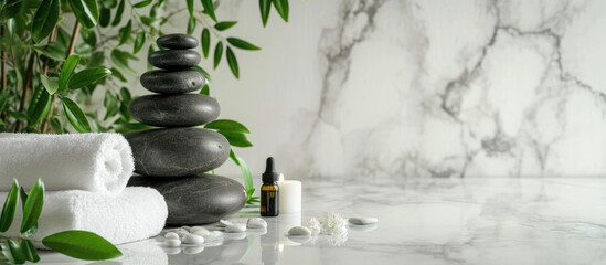 Tranquil Spa Setting with Stacked Stones, Essential Oil, and White Towels
