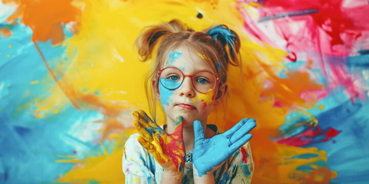 Creative Young Girl with Paint on Face and Hands Against Artistic Background