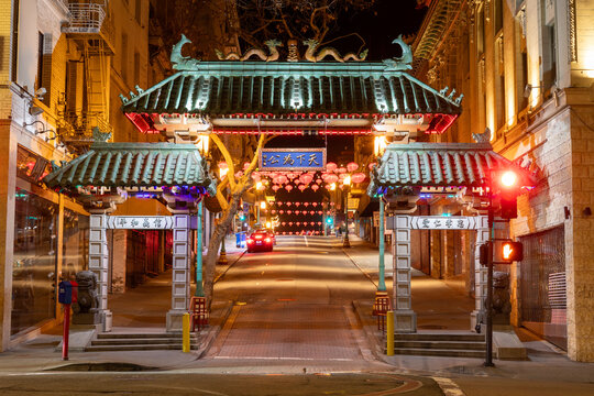 San Francisco, CA - January 4 2024: Night view of the entry gate to Chinatown in San Francisco