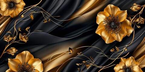 Black and gold flowers on a background of soft golden silk ,wallpaper.