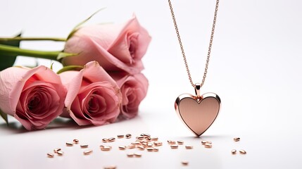 a heart-shaped rose gold pendant necklace on a white background, to accentuate the romanticism and elegance of the jewelry, creating an artful representation perfect for Valentine's Day.
