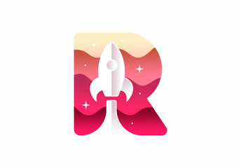 Initial Letter R with Rocket Launch Spaceship Star Planet logo design