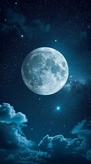 Fototapeta na wymiar Full Moon in Night Sky With Clouds - Clear, Stunning View of the Illuminated Lunar in a Starry Night
