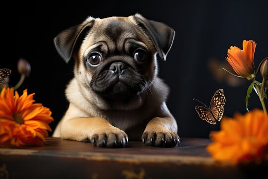 Portrait of a pug with a butterfly on a black background.