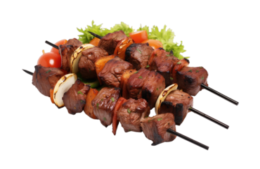 Shish kebab, grilled meat skewers isolated on transparent background. PNG file, cut out