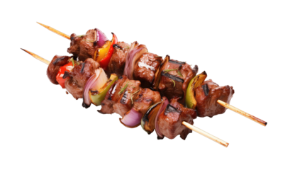 Shish kebab, grilled meat skewers isolated on transparent background. PNG file, cut out