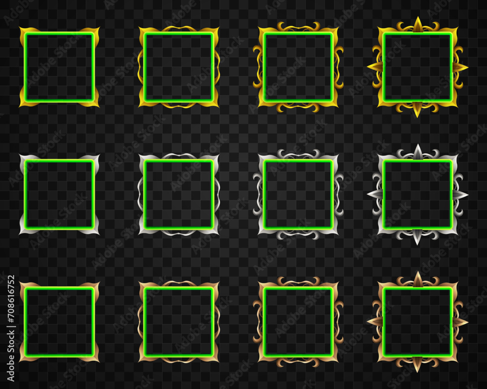 Wall mural abstract green border fantasy game avatar gui frame with gold, silver and bronze elements for game u