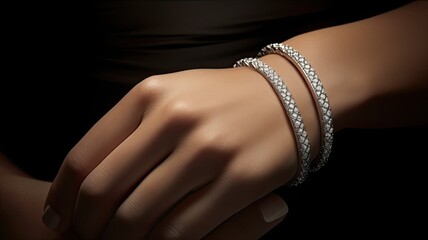 a close-up of a diamond bracelet on a woman, a minimalist modern style to accentuate the brilliance and beauty of the diamonds, creating an artful representation of luxury jewelry.