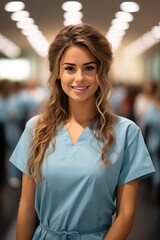 Confident young female healthcare professional in blue scrubs