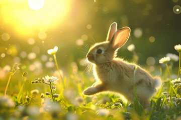 Fototapeta premium Little bunny in a meadow with spring flowers in the rays of the sun