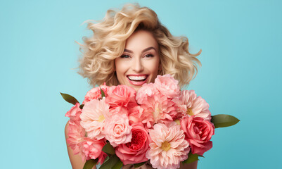 Happy woman with blonde hair holding spring flowers and smiling on pastel blue background, 8 March, Woman's day, birthday, Mother's day present	
