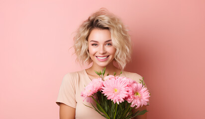 Happy woman with blonde hair holding spring chrysanthemum flowers and smiling on pastel pink background, 8 March, Woman's day, birthday, Mother's day present	
