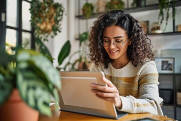 Young happy latin woman, smiling curly casual girl student using tablet and laptop elearning or hybrid working at home online looking at tab device sitting at table in living room, Generative AI